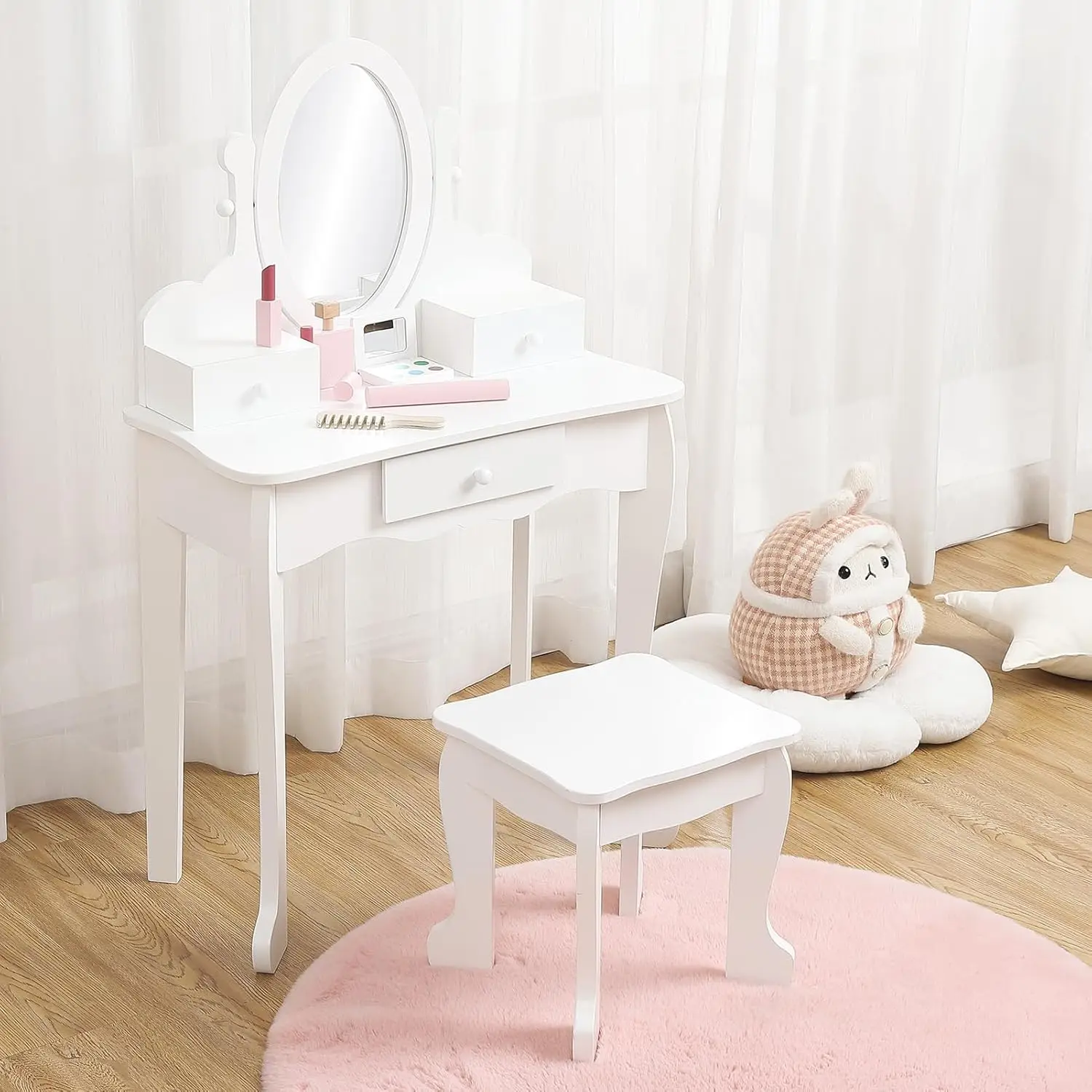 Vanity Set with Mirror, Makeup Table and Stool for Girls, Vanity Desk and Chair with Wood Makeup Playset for 4-9 Girls, White