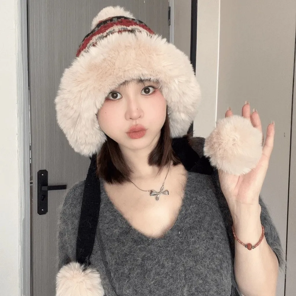 

Retro Thick Knitted Plush Hat Warm Windproof Ear Protection Hat Ethnic Style Ball Pullover Beanie Hat Girls