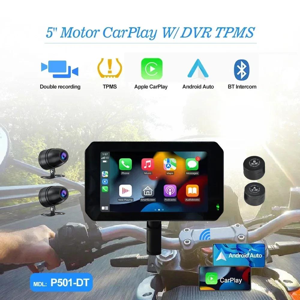 オートバイ用ポータブルGPSナビゲーション,CarPlayディスプレイ,防水,ワイヤレス,Android,自動IPX7, Apple, 5インチ,新品