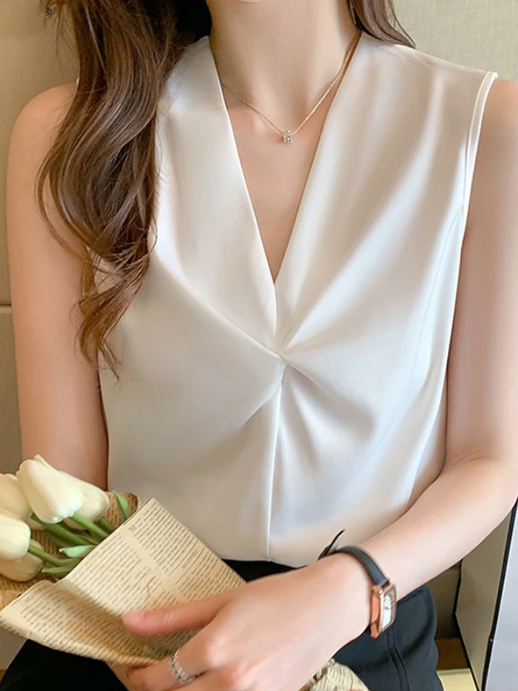 

Summer V-Ne Loose Casual Faionable Tank Top Strapl Korean Sle Chiffon Svel Knot Design Sense Women's Top