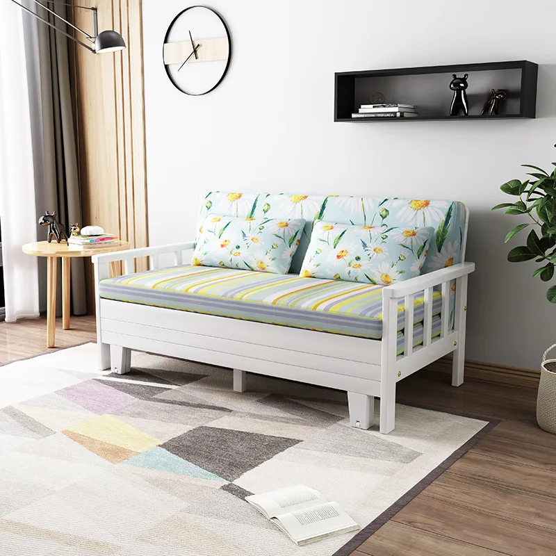 Solid wood sofa bed foldable living room retractable small apartment double single simple modern pull-out retractable
