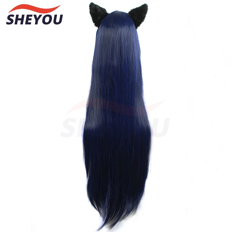 Game LOL Ahri 100cm Long Dark Blue Wig The Nine-Tailed Fox Women Heat Resistant Hair Cosplay Costume Wigs + Ears