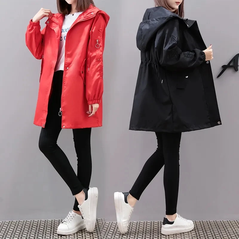 

2023 Autumn New Korean Chic Windbreaker Coat Women's Fashion Long Sleeve Hooded Trench Jackets Female Mid-length Casual Overcoat