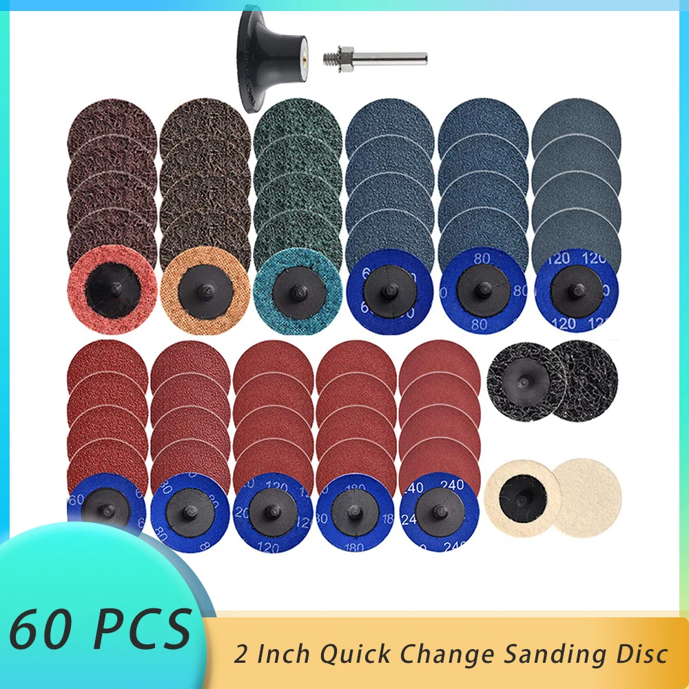 60 Pcs Sanding Disc Set Quick Change Sanding Discs 2 inch with Holders Grinder Surface Conditioning Burr Rust Paint Removal