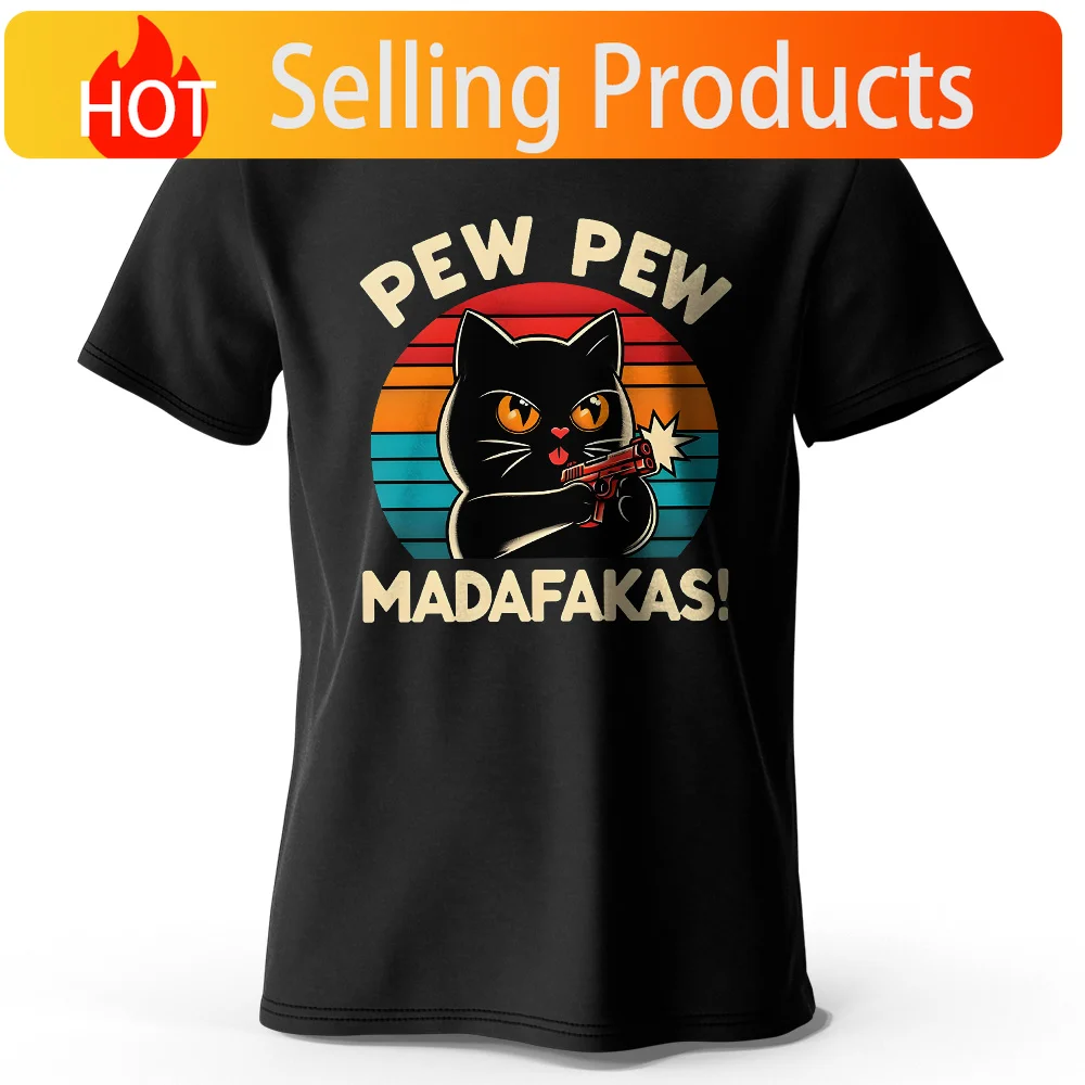 Cute Hand-Drawn Cat Doodle Print 100% Cotton T-Shirt, Ultra Soft Round Neck Short Sleeve Tee for Men & Women
