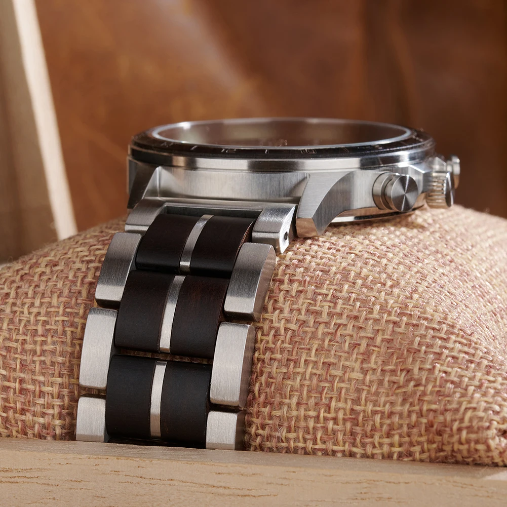 ﻿   BOBO BIRD Jam Tangan Pria Kayu Ebony & Baja Tahan Karat Jam Tangan Gerakan Kuarsa Kasual Bisnis Hadiah Nama Kustom Untuk Keluarga