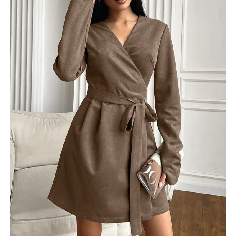 

V-neck Temperament Waist A-shaped Skirt Suede Brown Long-sleeved Maillard Dress Women's 2025 Autumn and Winter New