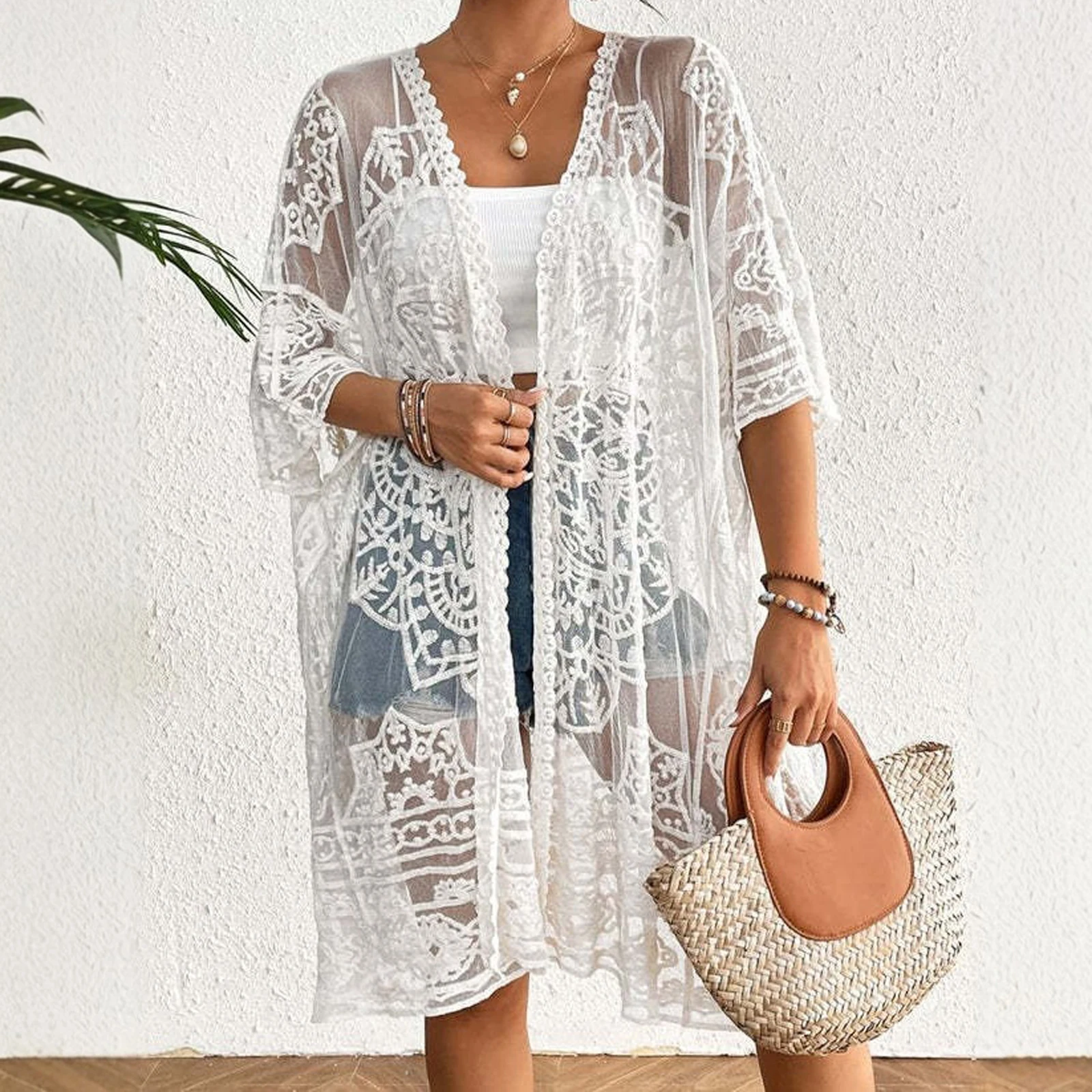 Yivorovy-Robe de plage en maille transparente pour femme, kimono en crochet, cardigan ouvert devant, robe de bikini en dentelle, manches 3/4, vêtements de plage, été