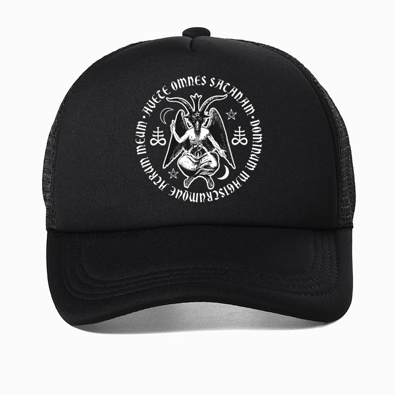 

Baphomet Satanic Crosses With Hail Satan hat cartoon print Satanic Lucifer Devil Baseball cap summer Mesh Trucker Caps Gorras