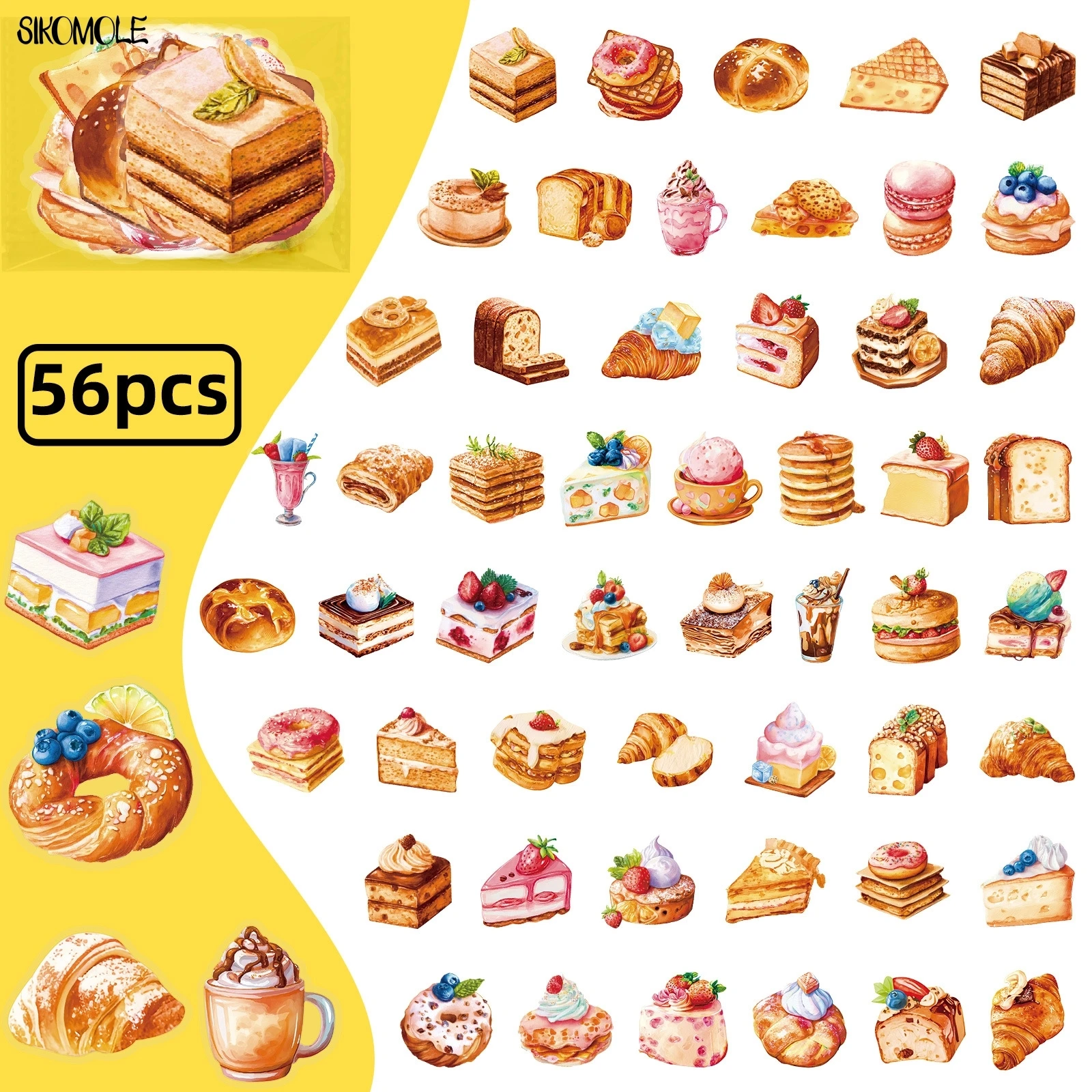 56pcs Transparent Cartoon Cake Dessert Graffiti Stickers Pack Waterproof PET Bookkeeping Material Decorative Notebook Sticker
