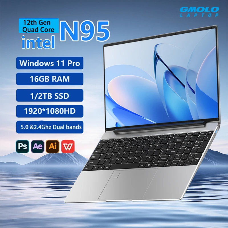 GMOLO 15.6 Inch Laptop Intel N95 16GB DDR4 RAM 1TB SSD FHD Backlit kbd 5GHz & 2.4GHz Windows 11 Slim Notebook for Office Student