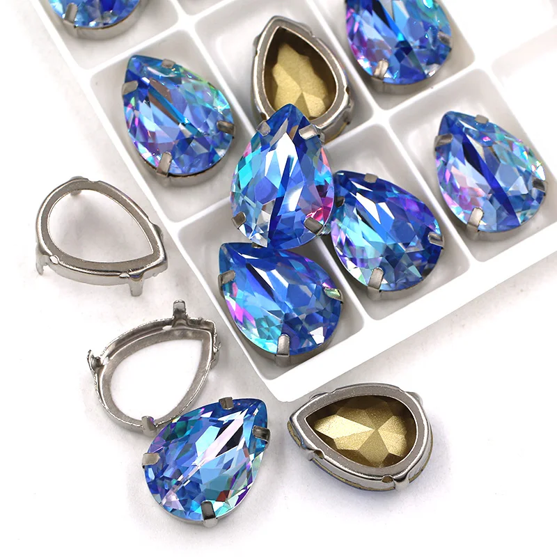 Hot 7x10mm/10x14mm/13x18mm Crystal Teardrop Shape Glass Sewing Sliver Claw Setting Laser Rhinestones For Clothing/Bags/Shoes