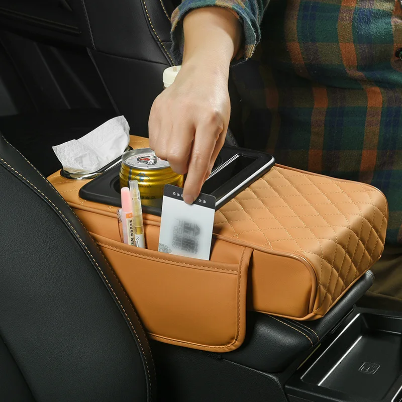 Waterproof PU leather car front center console armrest pillow storage box cup holder mobile phone holder memory sponge box cover