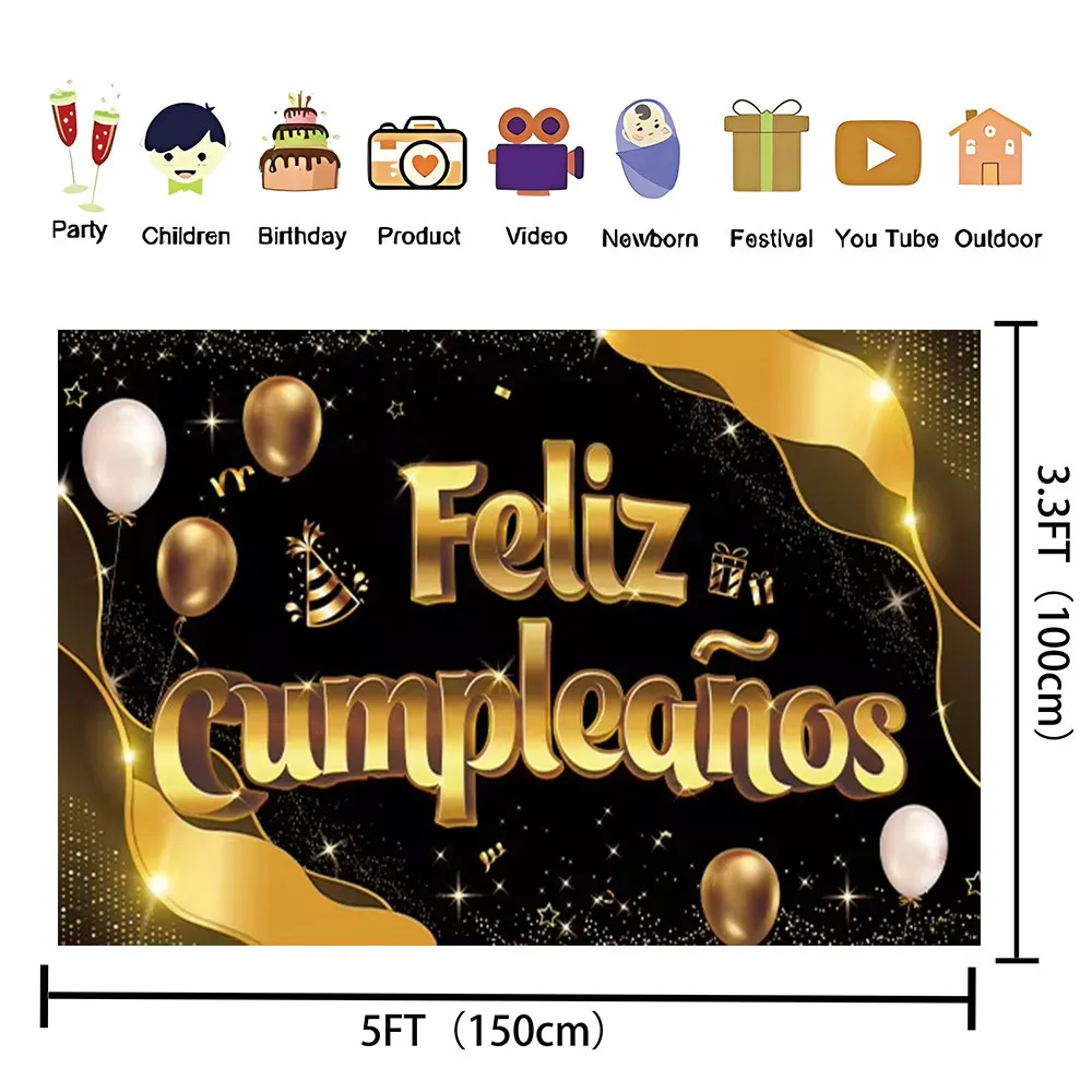 Feliz cumpleaños Spanish Birthday Background Black Gold Balloons Birthday Party Scene Decoration Banner Adult Photo Backdrops