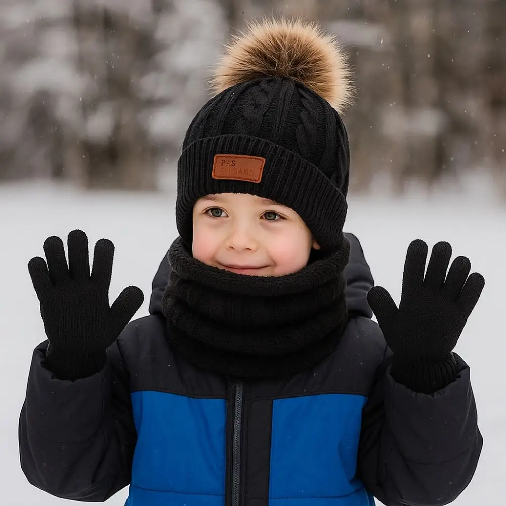 

3pcs/set Warm Ears Solid Color Baby Hat Scarf Gloves Set Cute Pompom Warmer Toddler Bonnet Comfortable Hat Set Autumn Winter
