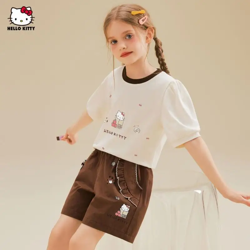 

Sanrio Hello Kitty Summer Shorts Suit Girl Pure Cotton Comfort T-Shirt Cartoon Kawaii Children Clothing Tops Anime New Style