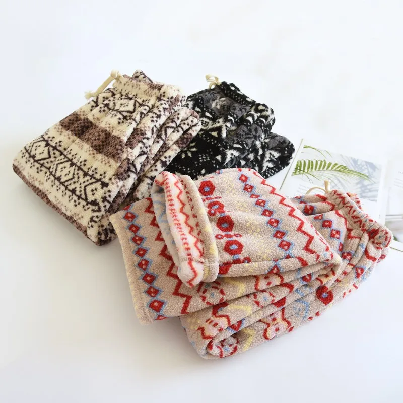 Women's Print Thickness Fleece Pants with Side Pockets for Autumn Winter Cozy Home Pants Warm Fleece LoungewerSleep Pants