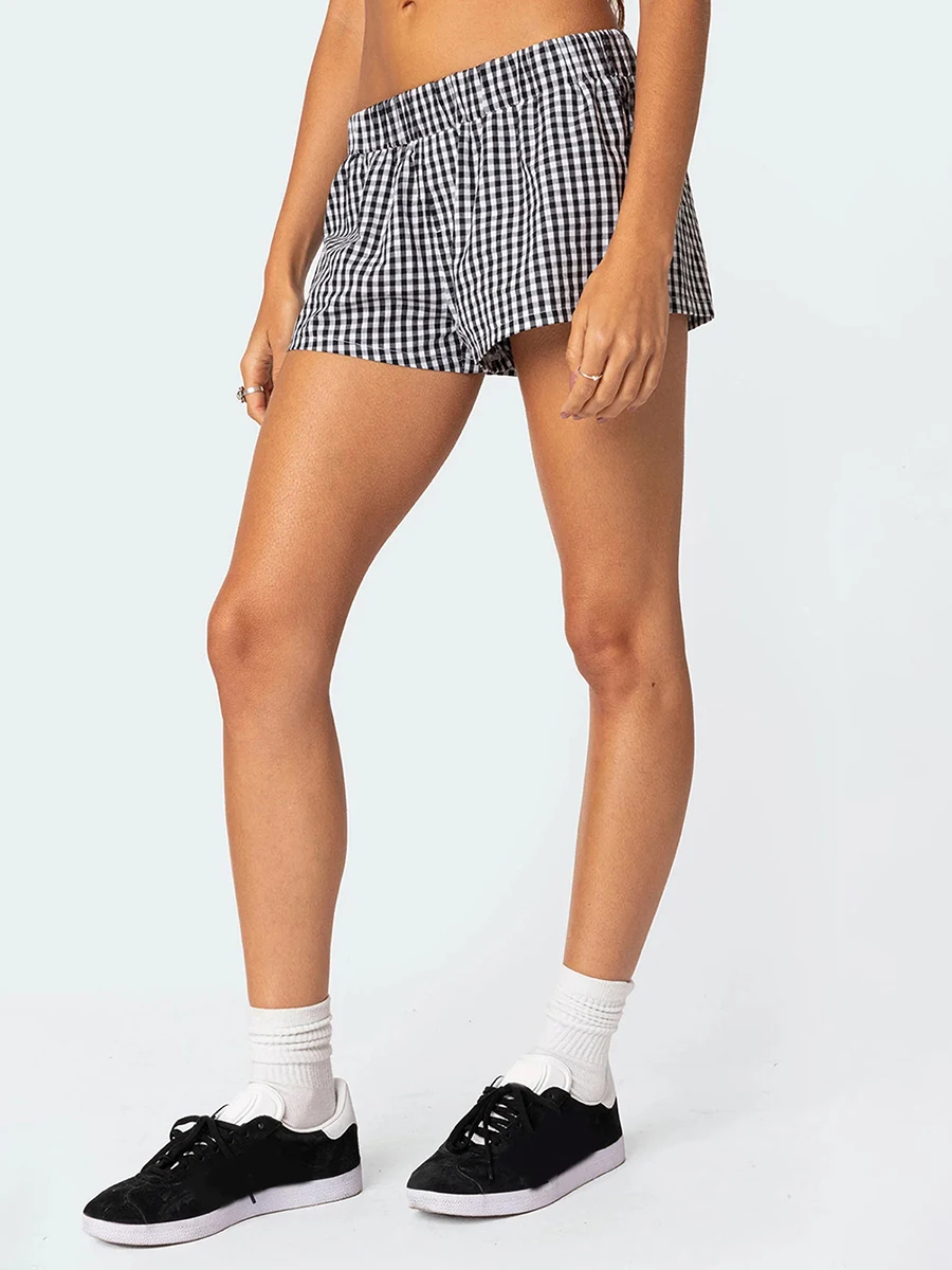 Pantalones cortos informales de verano para mujer, Shorts holgados de cintura elástica con estampado a cuadros, para salón