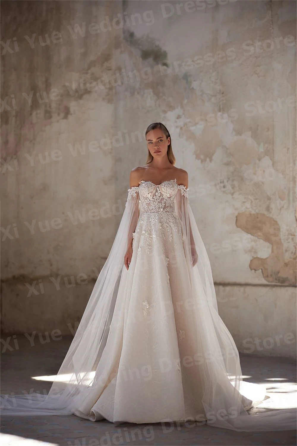 

Elegant A Line Women's Wedding Dresses Off Shoulder Vestidos De Novias De Boda Bride Gowns Customized Lace Appliques Vestidos