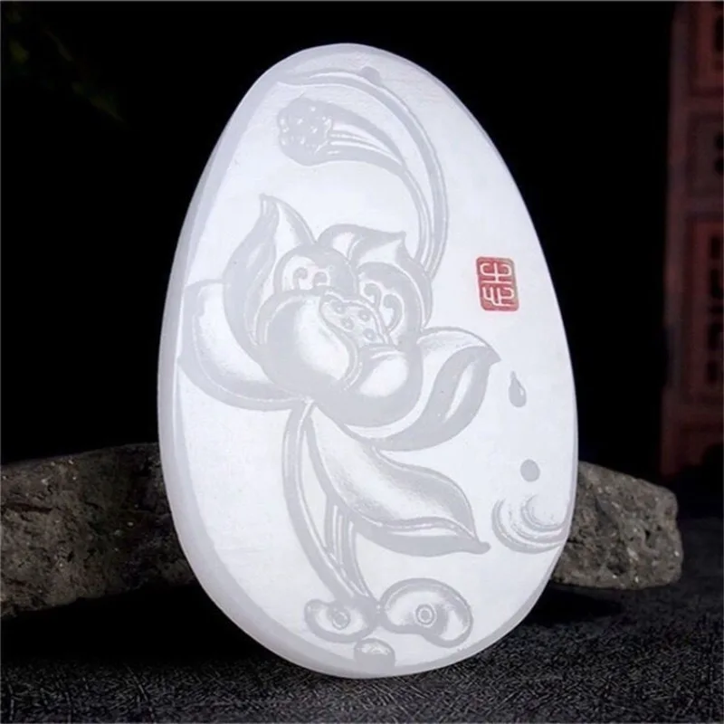 

New Natural White Jade Lotus Pendant Necklace, Simple and Versatile Necklace (random Rope)