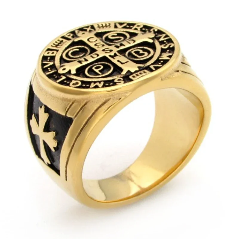 Religious Saint Benedict Cross Cspb Ring Gold Silver Metal Christianity Exorcism Church Men Women Carnival Party Dress Up Props