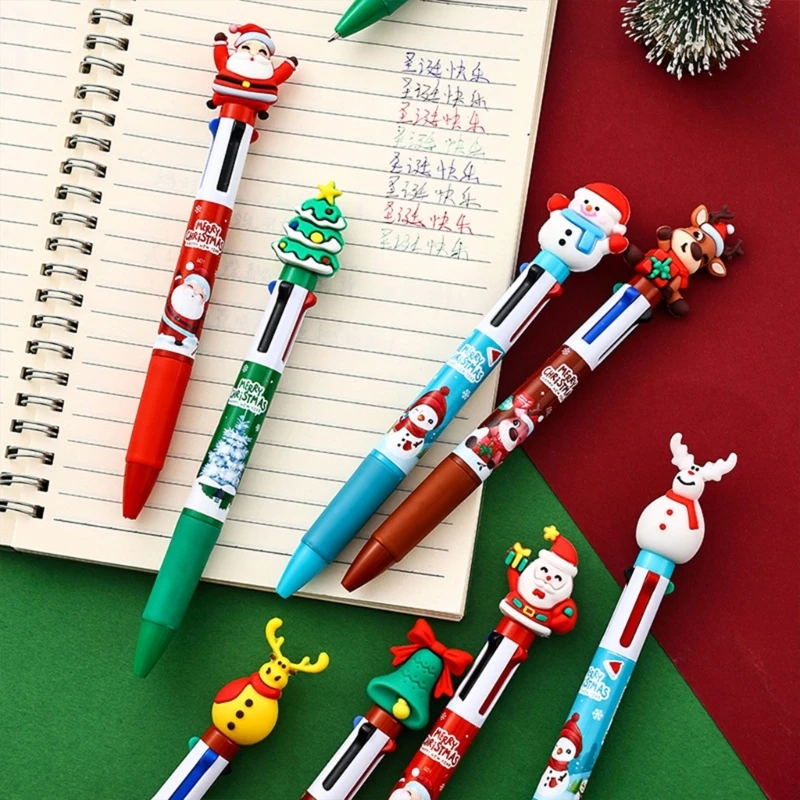 10Pcs Christmas Themed Multicolor Ballpoint Pen Retractable Multicolor Pen 4 Color-in-1 Ballpoint Pen for Noting Drawing