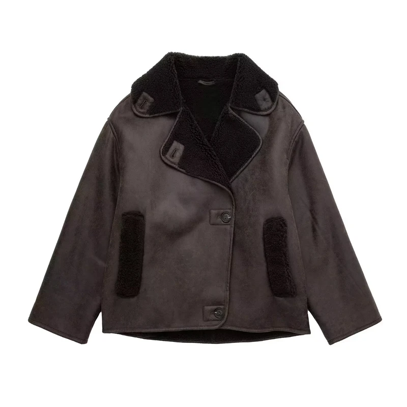Chaqueta Bomber para mujer, chaqueta de piel sintética, abrigo de manga larga con botones para otoño e invierno, chaqueta gruesa informal Vintage para exteriores