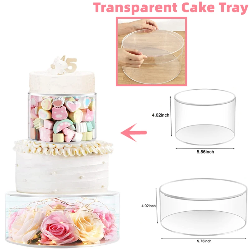 Clear Acrylic Cake Stand Display Board Round with Lid Fillable Cake Riser Cake Tier Edge Smoother Scraper Tray DIY Cake Tools