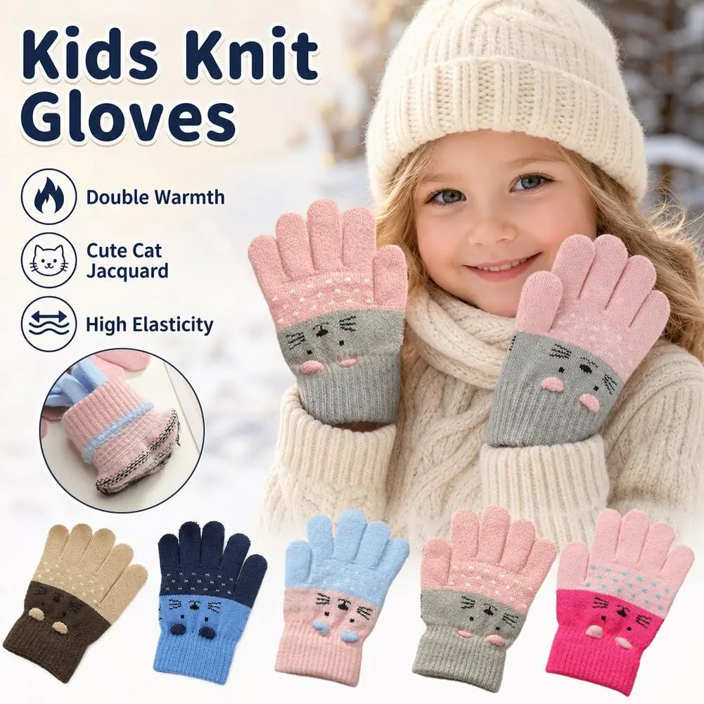 Cute Knitted Cat Winter Gloves Five Finger Velvet Warm Male Female Baby Woolen Outdoor Split Finger Gloves