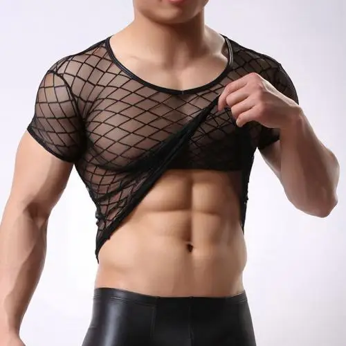 Mens Mesh See Through Shirt Undershirt Sheer Net Sleeveless Top Sexy Lingerie T Shirt Summer Transparent Open Knit Inner Wear