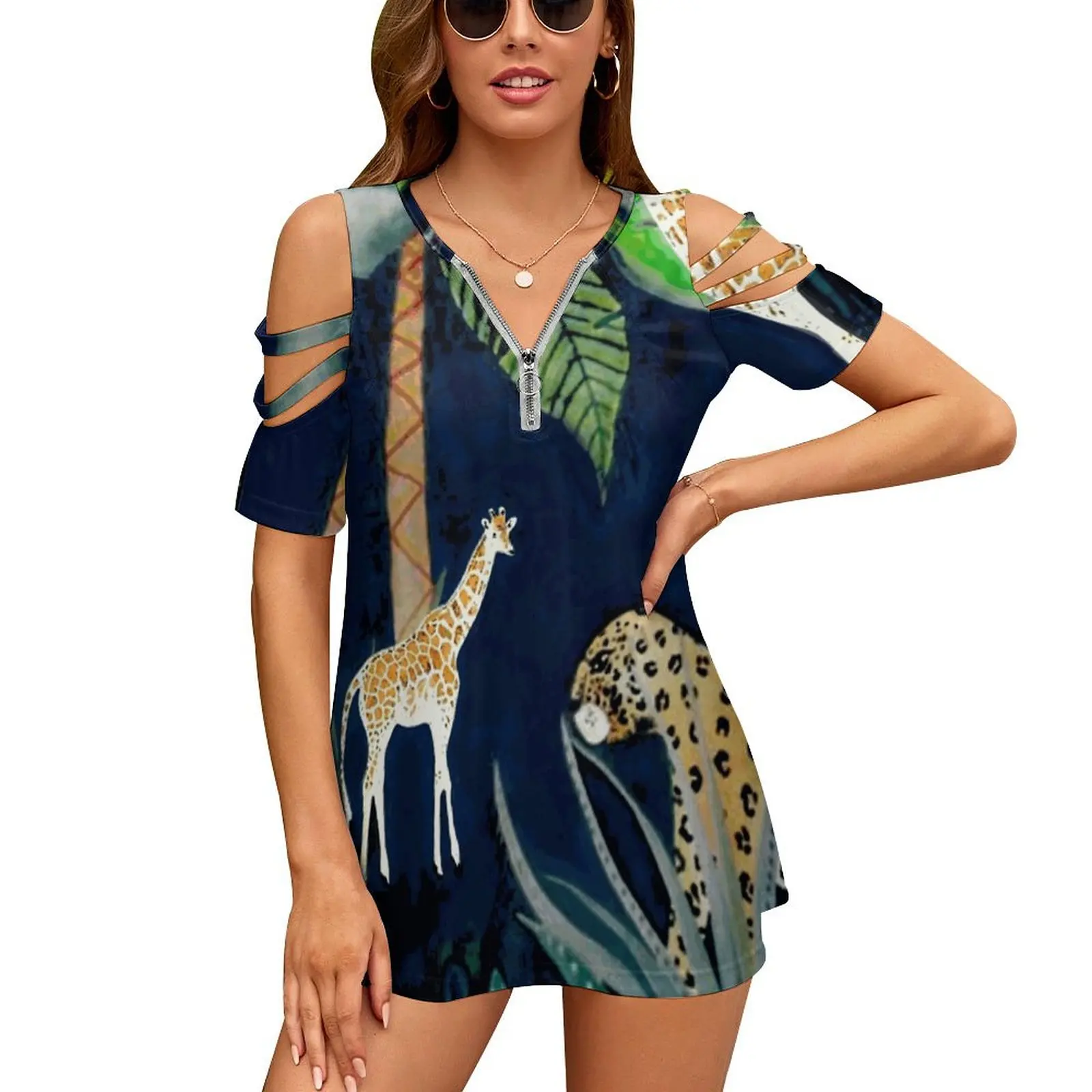 Jungle Theme Design New Fashion Zip Off Shoulder Top Short-Sleeve Women Shirt Jungle Africa Tropical Giraffe Toucans Zebras