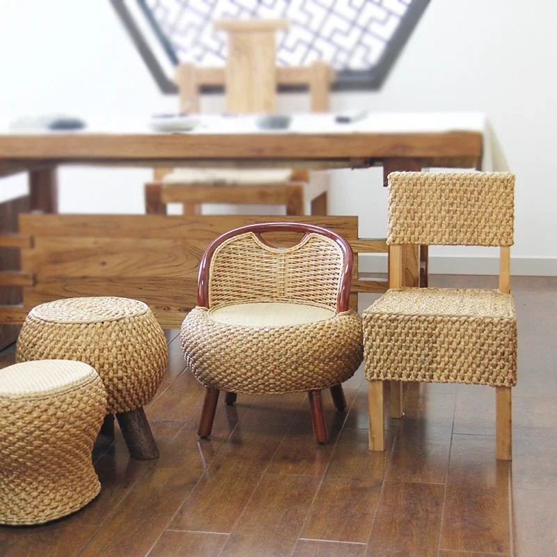 

Household Real Rattan Small Chair Low Stool Leisure Seat Solid Wood Seat Pier Balcony Round Stool Shoe Change Stool Simple