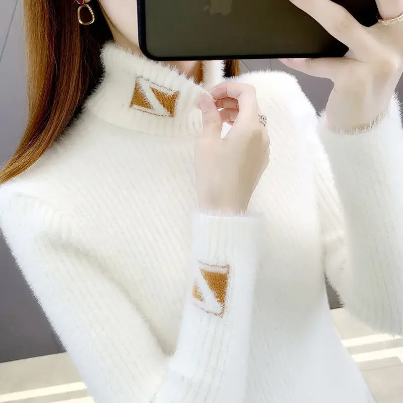 

New High Collar Pullover Sweater Women Mink Letter Jacquard Underlay Solid Western Knit Undercoat Autumn Winter Pullover Sweater