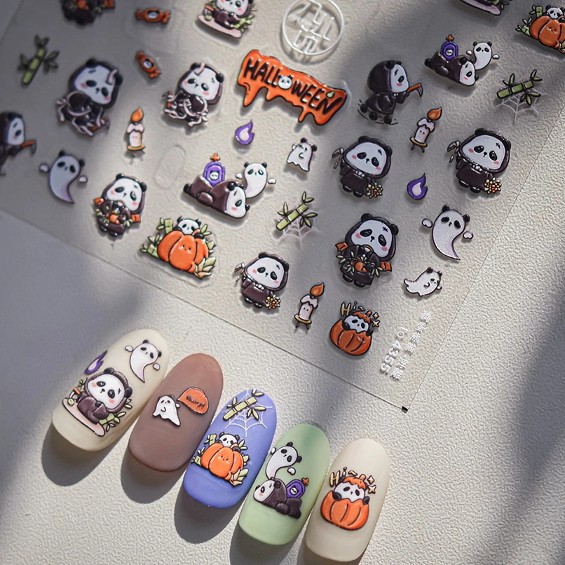 Halloween Ghost Candle Death Reaper Giant Panda Bamboo Spider Web Fire Candy Pumpkin Bear Nail Art Tool Stickers Manicure Decals