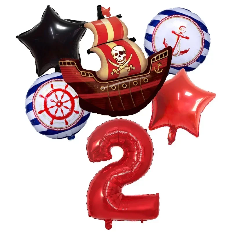 Disney Pirate Ship Theme 32 inch Red Digital Pirate Ship Children's Birthday Party Aluminum Film Balloon Decoration Set