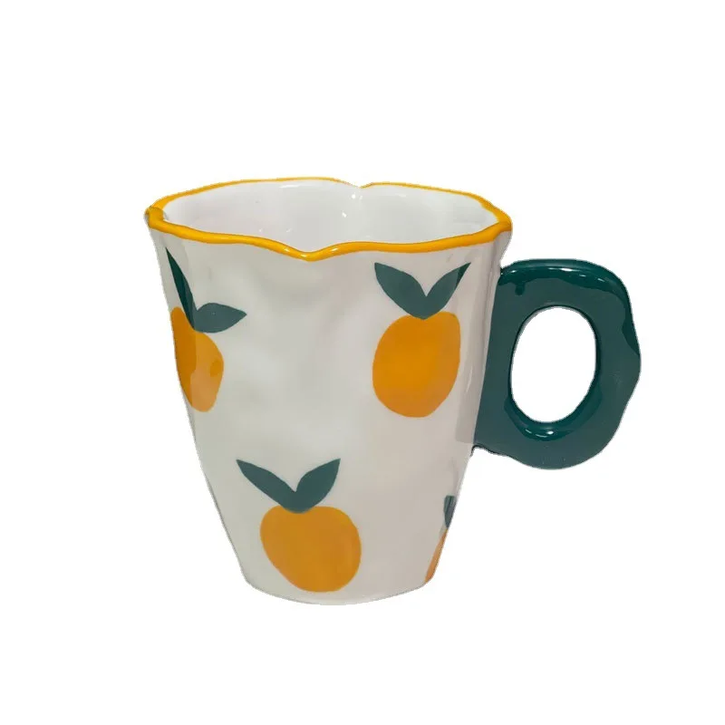 Creative and Lovely Hand-painted Ceramic Orange Mug with Irregular Coffee Cup for Office and Home Lovers Cup and Saucer Suit