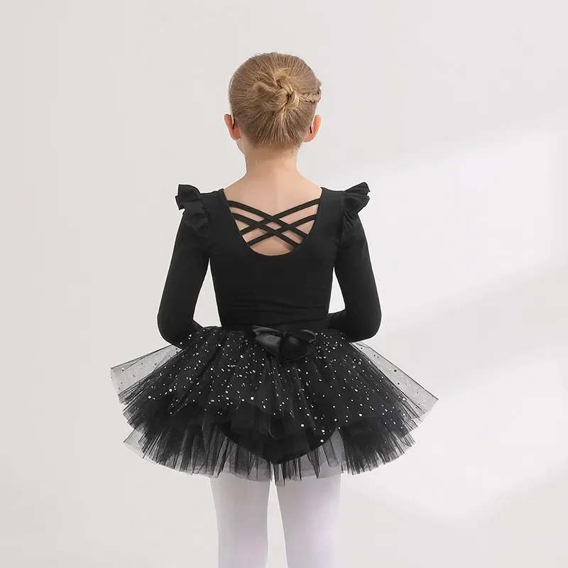 EE01 Girls Ballet Dress Gymnastics Leotards Long Sleeves Tulle Bowknot Skate Tutu Dress Christmas Birthday Party Leotard DanIo0！