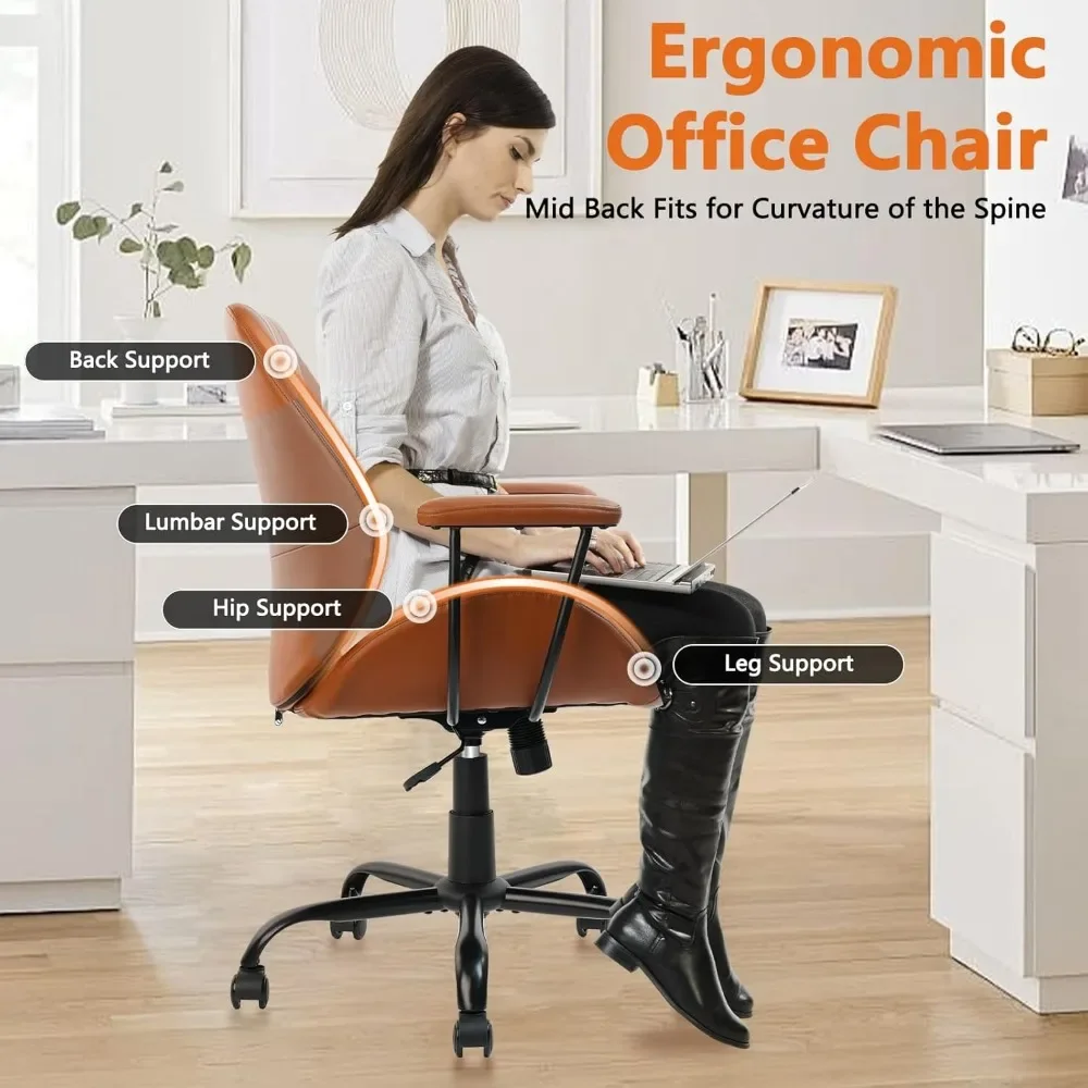 كرسي مكتب منزلي من CLATINA، ارتفاع قابل للتعديل، كرسي حديث من جلد البولي يوريثان في منتصف القرن، دوار متوسط الظهر مريح للتنفيذ #4