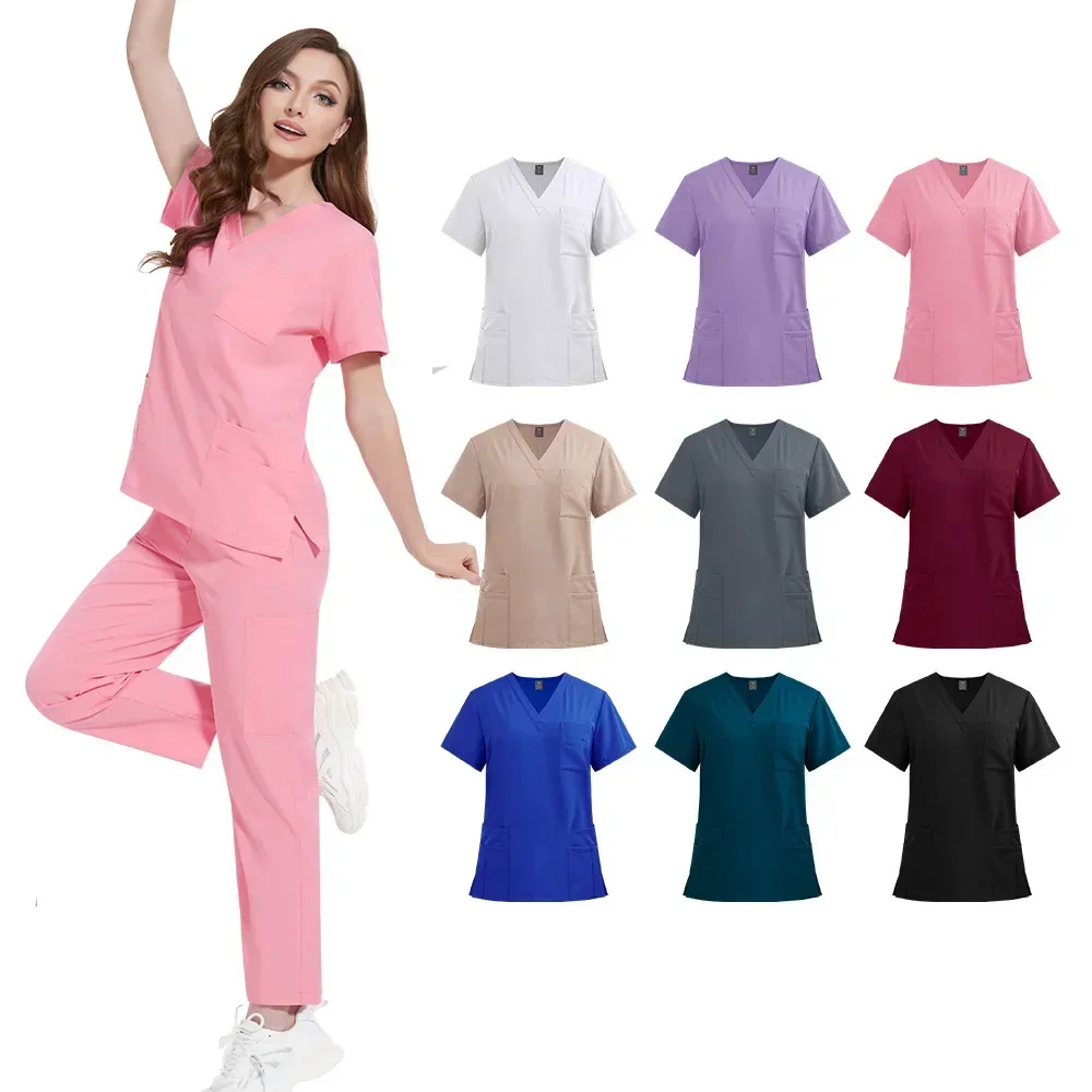 Scrubs Medical Uniforms Women Nurse Uniform Thin Breathable Medical Scrub Tops Elastic Scrubs Pants Doctor Workwear Spa Overalls