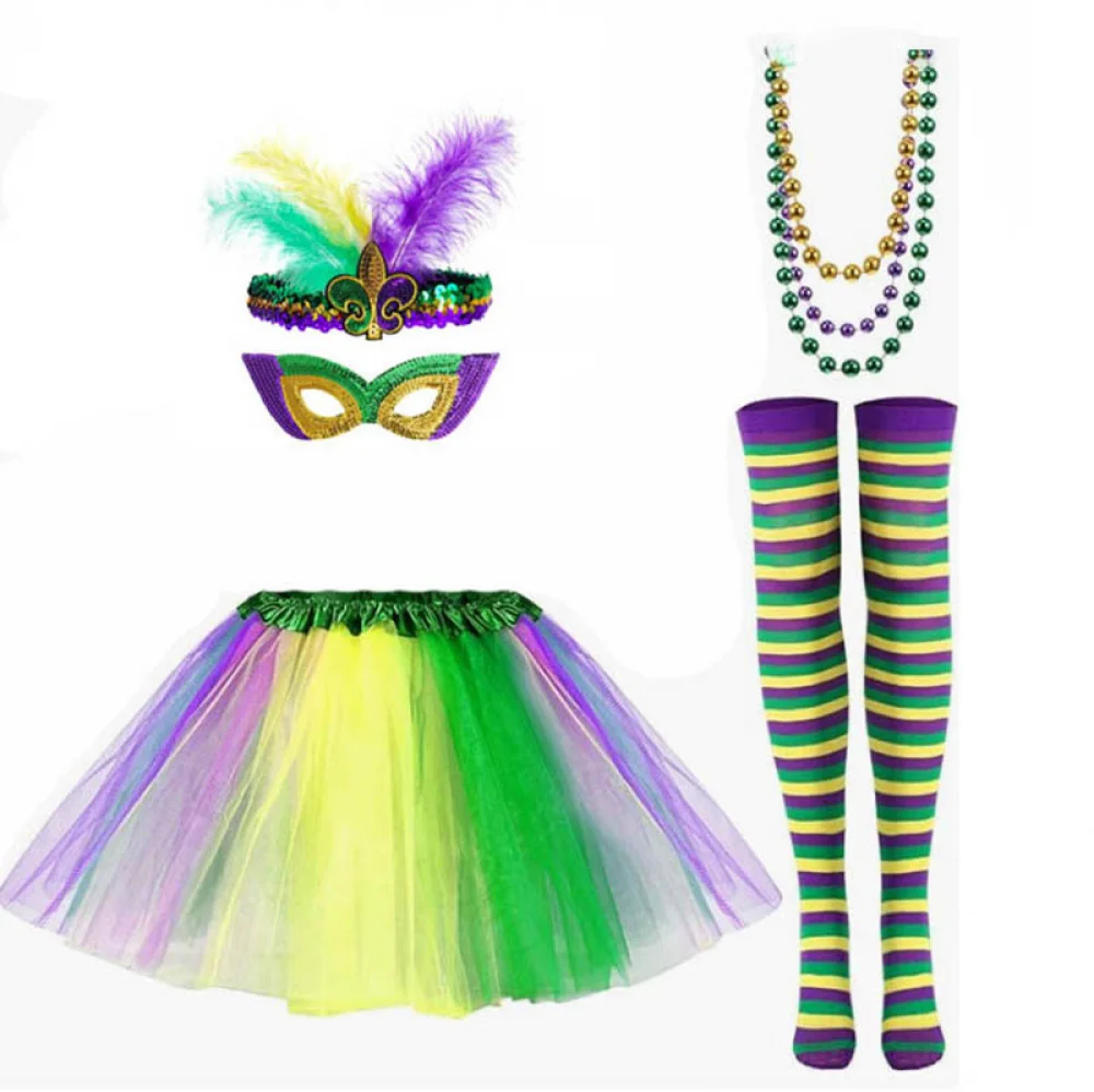 Set di accessori per costumi Mardi Gras da 7 pezzi gonna Tutu, mezza maschera in finta piuma, perline Mardi Gras, calzini lunghi per donne e ragazze