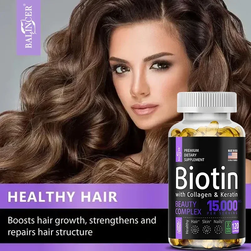 Suplemento de biotina + colágeno + queratina de alta potencia para hombres y mujeres, ayuda a mejorar la salud del cabello, la piel, las uñas