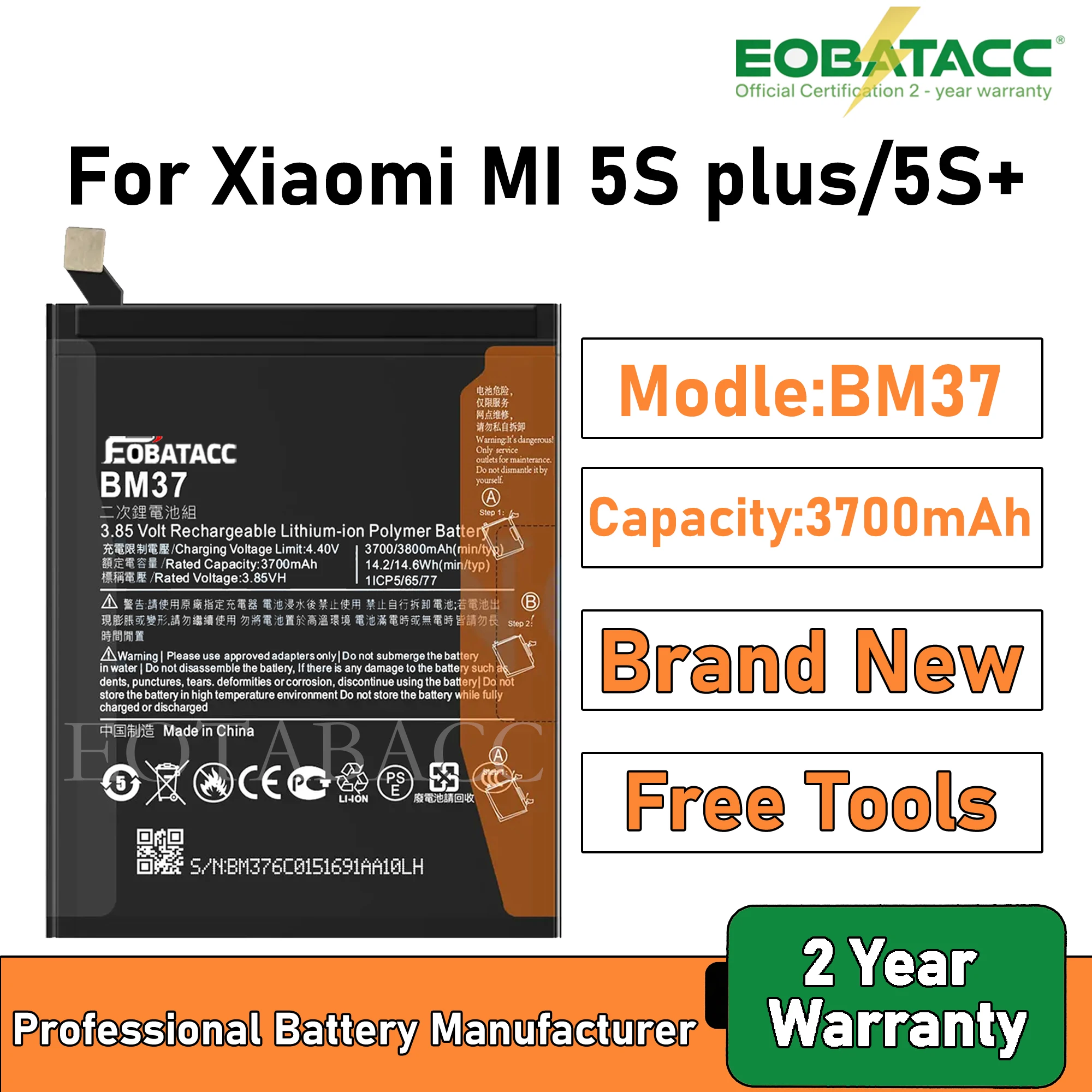 

2025 Years EOBATACC 100% New BM37 Battery For Xiaomi 5S plus/5S+ 3700mAh Batteries+Free Tools