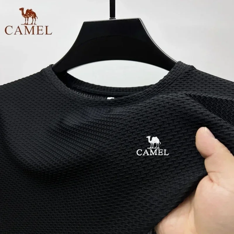 High End Embroidered CAMEL Ice Silk Mesh Short Sleeved T-shirt for Men\'s Summer Fashion Casual Breathable Short Sleeved Polo Top