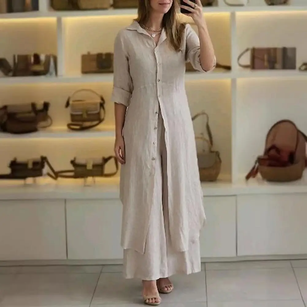 

Women Shirt Pants Set, Mid Length Hooded Single-breasted Half Sleeves Irregular Hem Blouse, Wide Leg Loose Pants, Casual Outfit