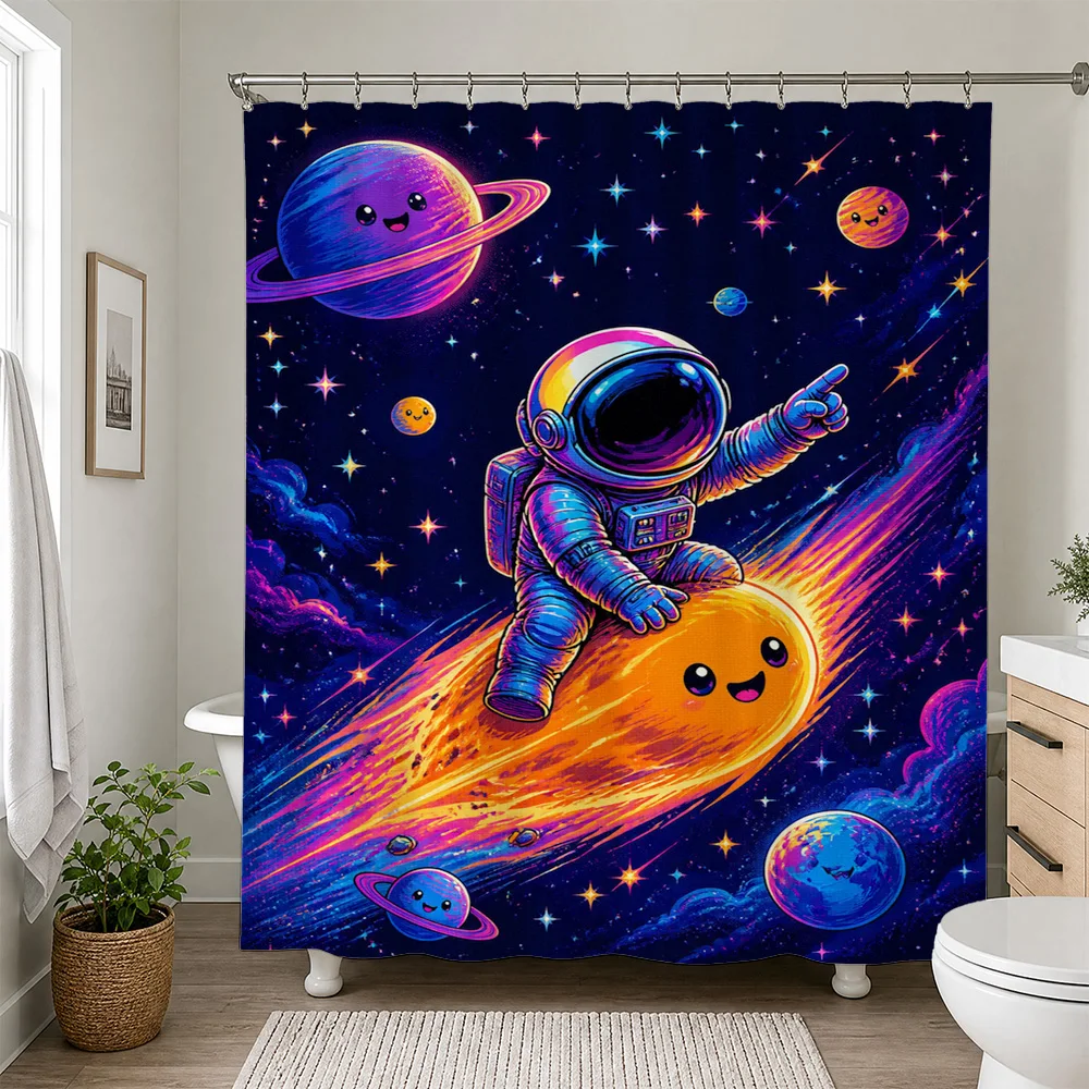 Waterproof Space Galaxy Astronaut Shower Curtain Liner Kids Bathroom Decor Cosmic Stars Planets Nebula Fun Novelty Gift