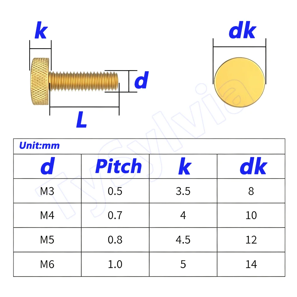 M3-M6 Brass Thumb Screws, Knurled Flat Head Manual Fastening Screws with Non-Slip Grip for Furniture, Equipment, Panel Mounting