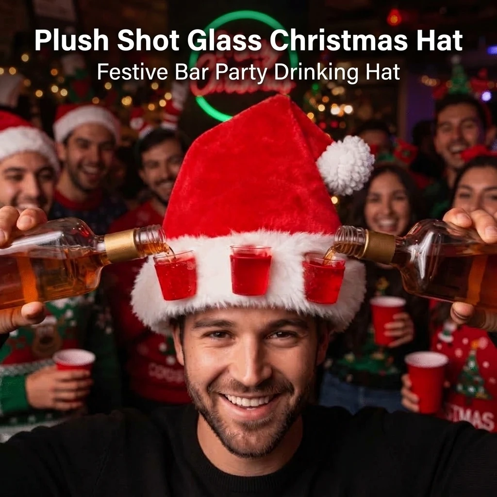 Long Plush Christmas Hat Red with 3 Removable 2oz Cup Holders White Pom Pom Top for Holiday Party Bar Games Winter Celebrations