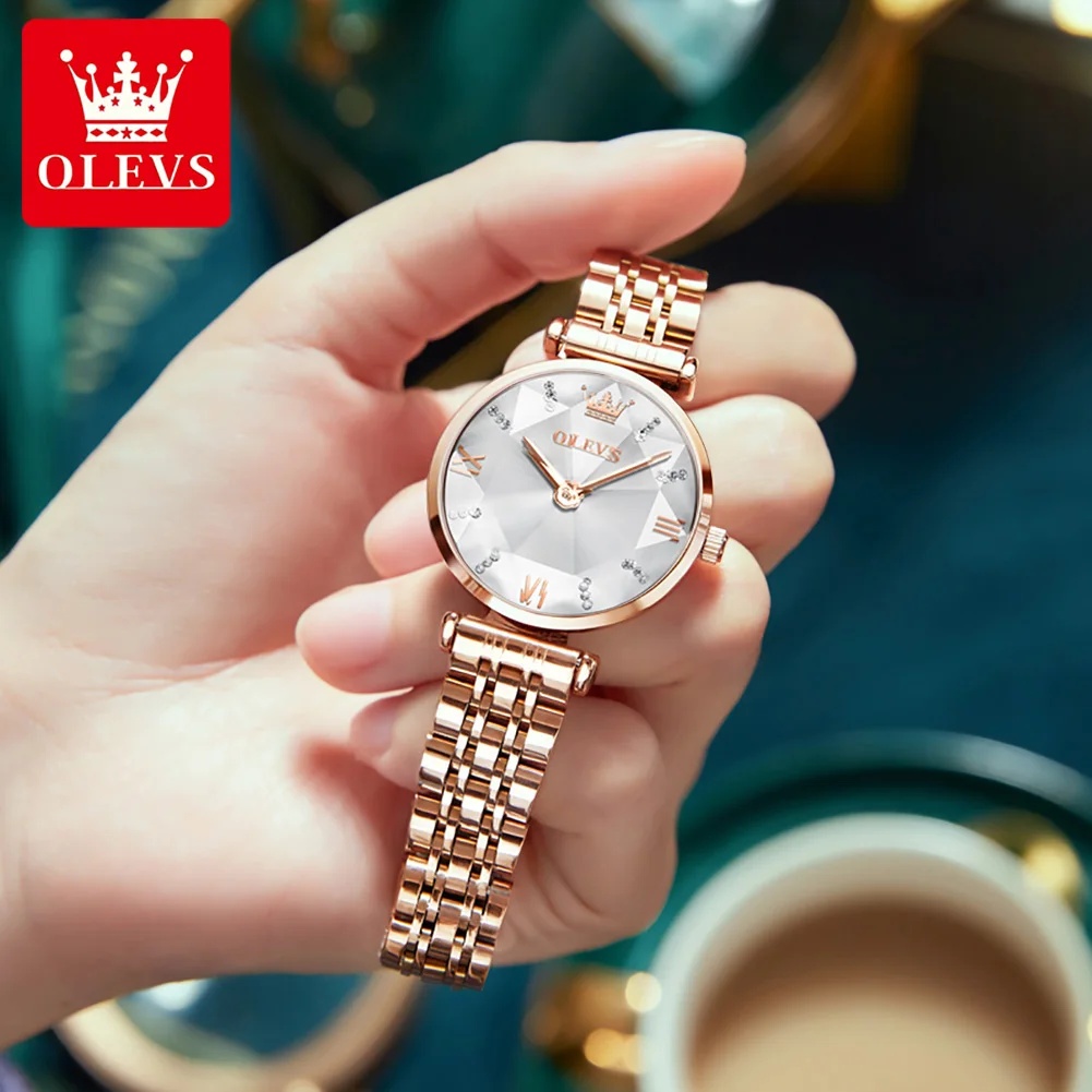 

Женские кварцевые наручные часы OLEVS, роскошные часы из нержавеющей стали со стразами и стереоскопическим стеклом, элегантные водонепроницаемые часы для женщин, 6642