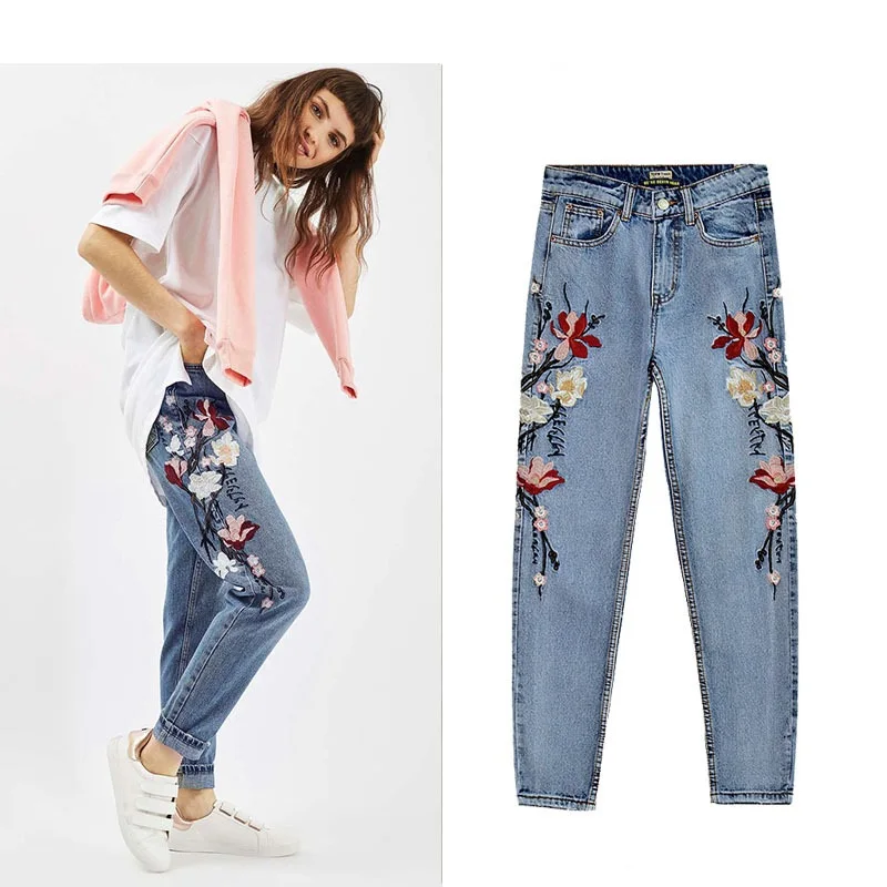 

Spring New Stylewomen's Jeanswomen's And Autumn New Street INS Retro High Waist Embroidered Washed Straight Pants Nine Points Je