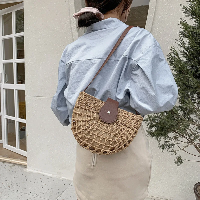 Yogodlns Sommer Stroh Tasche Für Frauen Mode Halbkreis Umhängetaschen Rattan Handgemachte Messenger Handtasche Reise Strand Taschen Tote – Detail 7